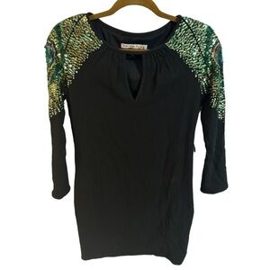Trina Turk Peacock Sequin Sleeve Black Mini Dress